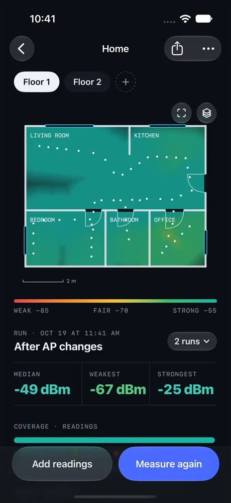 Fringe Signal showing a two-floor home. The heatmap is teal through most rooms and green in the office, with a median of −49 dBm.